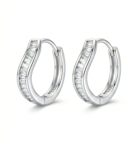AGOR LUXE 925 Sterling Silver High Polish Rhodium Wavy Baguette Huggie Hoop Earrings Modern Minimalist Jewellery
