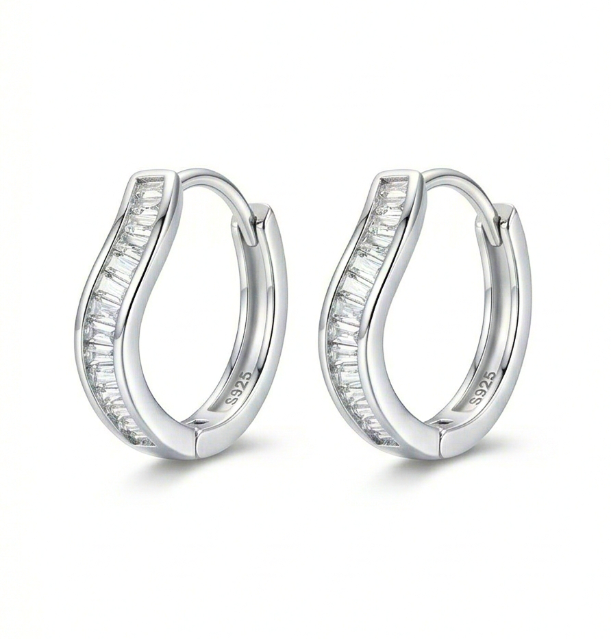 LUXE 925 Sterling Silver High Polish Rhodium Wavy Baguette Huggie Hoop Earrings Modern Minimalist Jewellery