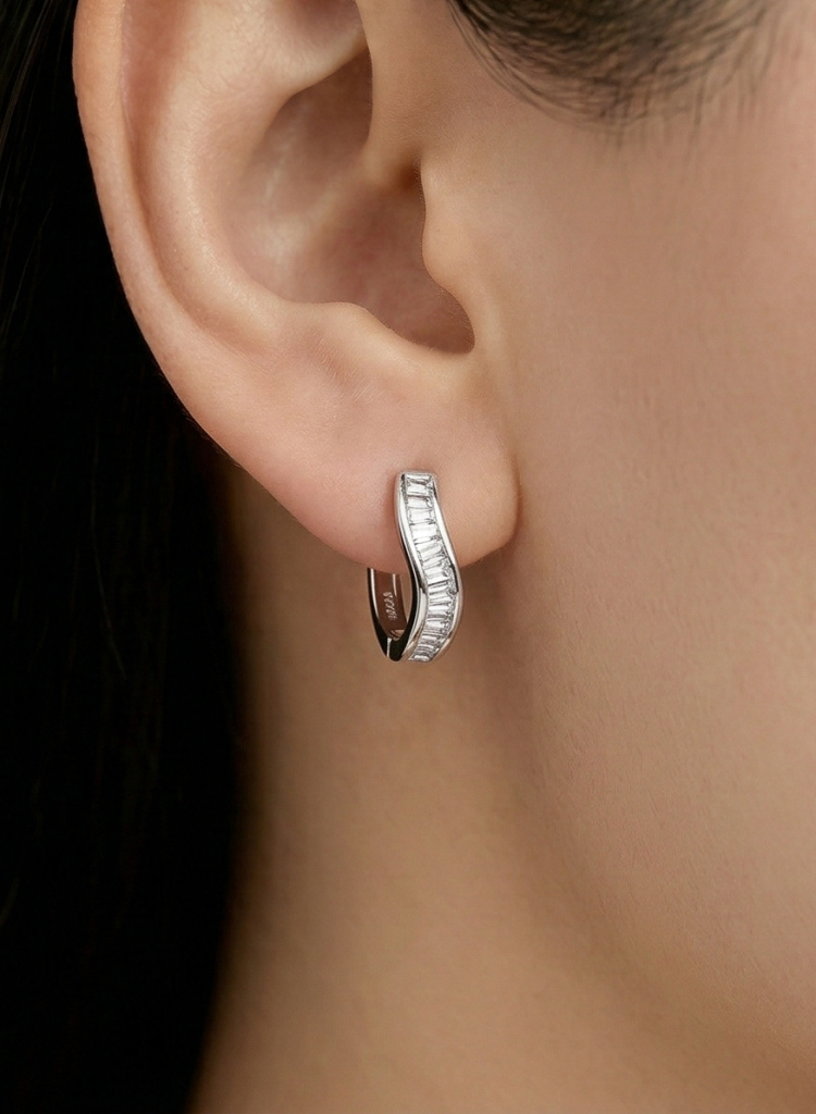 AGOR LUXE 925 Sterling Silver High Polish Rhodium Wavy Baguette Huggie Hoop Earrings Modern Minimalist Jewellery