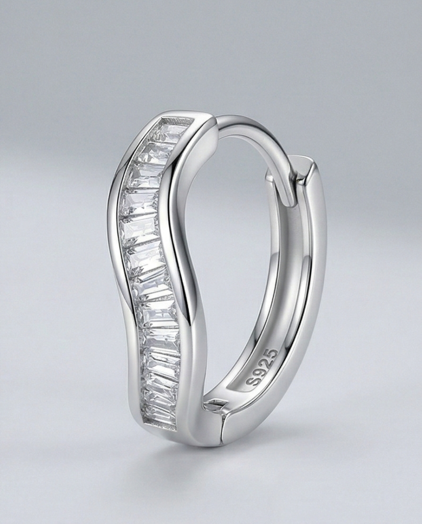 AGOR LUXE 925 Sterling Silver High Polish Rhodium Wavy Baguette Huggie Hoop Earrings Modern Minimalist Jewellery