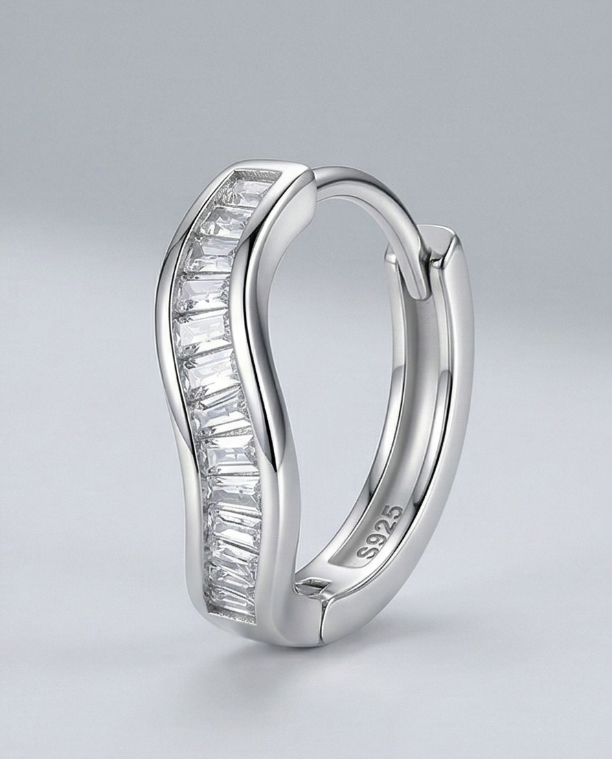 LUXE 925 Sterling Silver High Polish Rhodium Wavy Baguette Huggie Hoop Earrings Modern Minimalist Jewellery