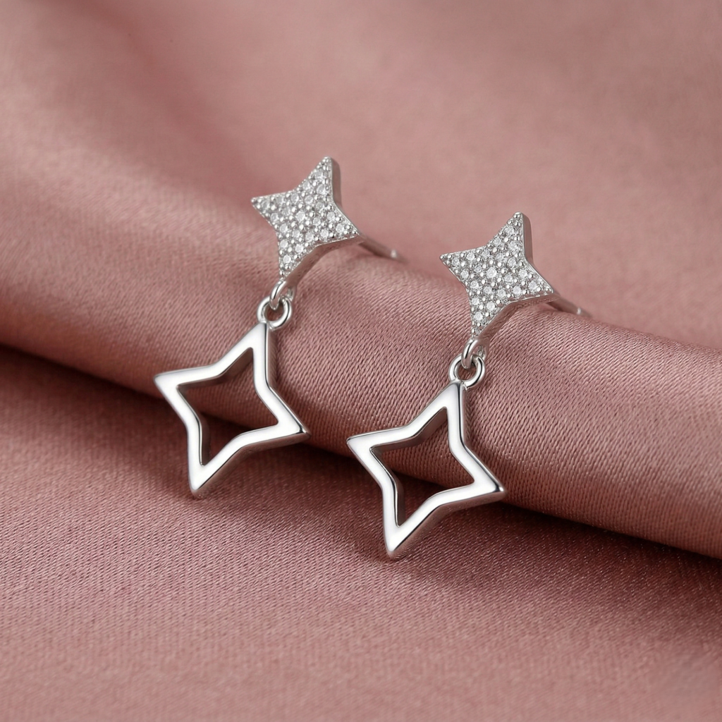 AGOR LUXE 925 Sterling Silver High Polish Open Star Drop Earrings Jewellery for Women