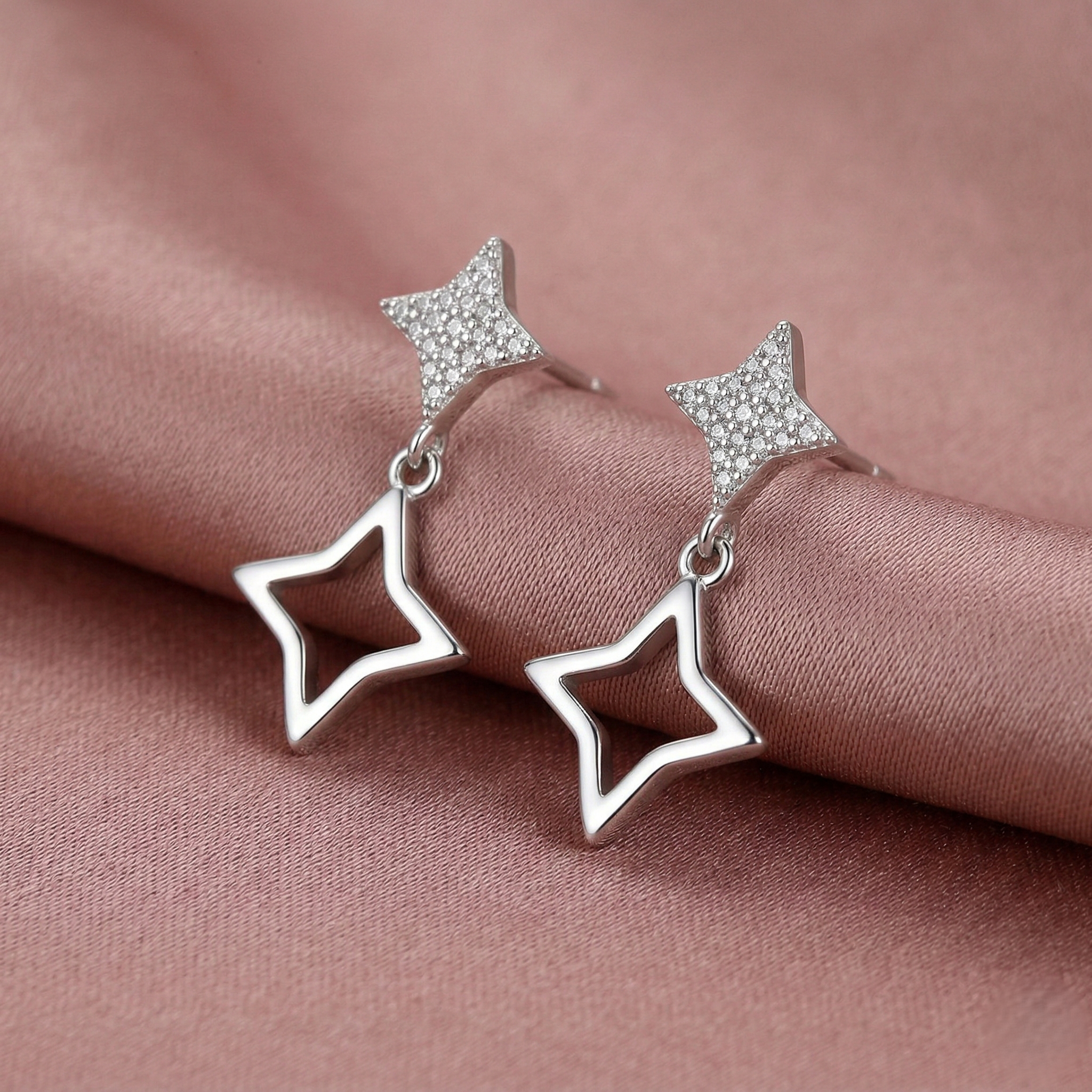 LUXE 925 Sterling Silver High Polish Open Star Drop Earrings Jewellery for Women
