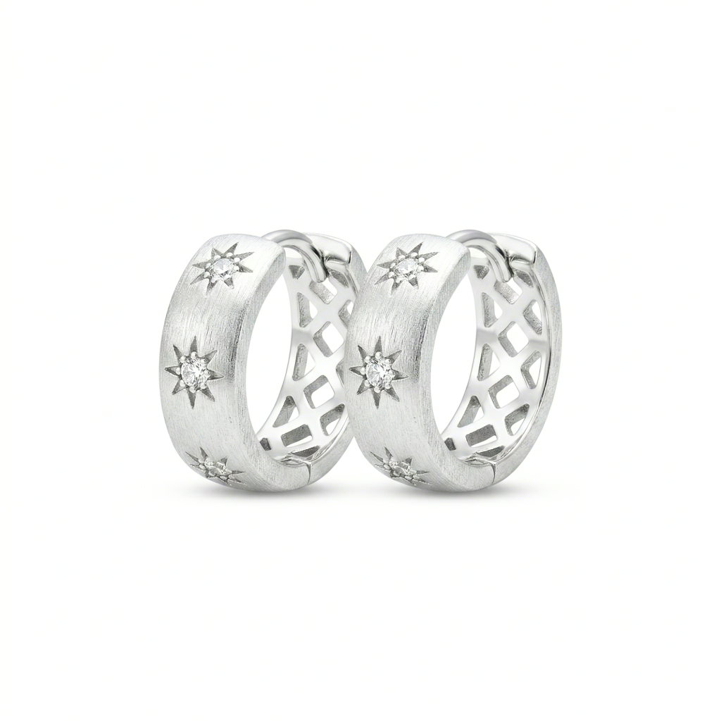 AGOR LUXE 925 Sterling Silver Brushed Finish Starburst Wide Hoop Earrings Jewellery for Women