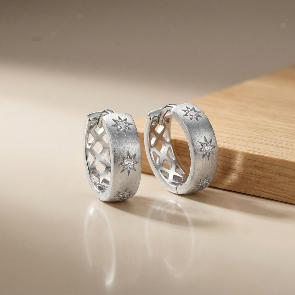 AGOR LUXE 925 Sterling Silver Brushed Finish Starburst Wide Hoop Earrings Jewellery for Women