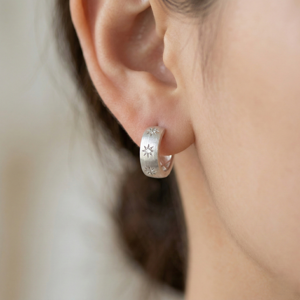 AGOR LUXE 925 Sterling Silver Brushed Finish Starburst Wide Hoop Earrings Jewellery for Women