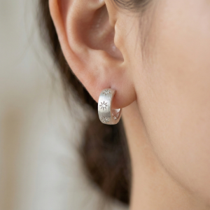 AGOR LUXE 925 Sterling Silver Brushed Finish Starburst Wide Hoop Earrings Jewellery for Women