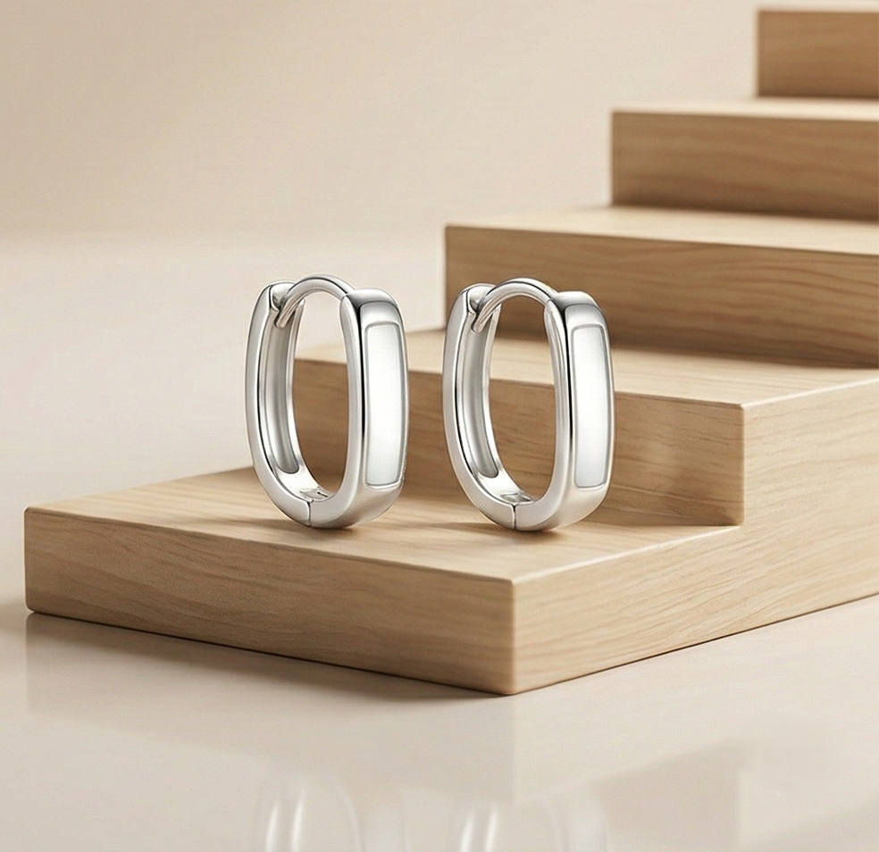 LUXE 925 Sterling Silver High Polish Rectangular Huggie Hoop Earrings Jewellery for Women