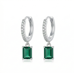 AGOR LUXE 925 Sterling Silver Emerald Cut Green Drop Hoop Earrings Jewellery for Women