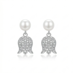 AGOR LUXE 925 Sterling Silver High Polish Pearl and Tulip Drop Earrings Jewellery for Women