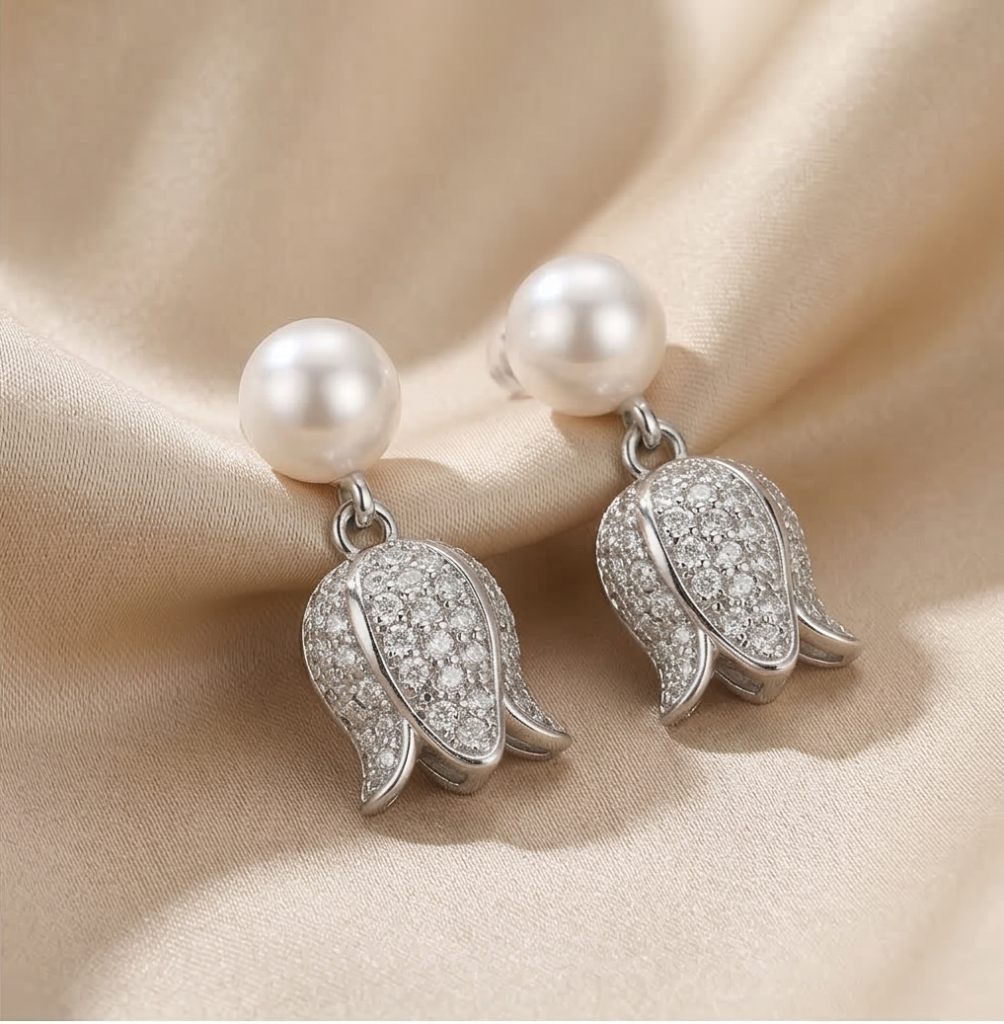AGOR LUXE 925 Sterling Silver High Polish Pearl and Tulip Drop Earrings Jewellery for Women