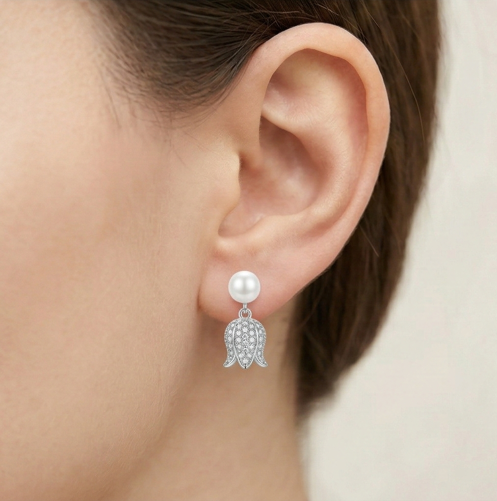 LUXE 925 Sterling Silver High Polish Pearl and Tulip Drop Earrings Jewellery for Women