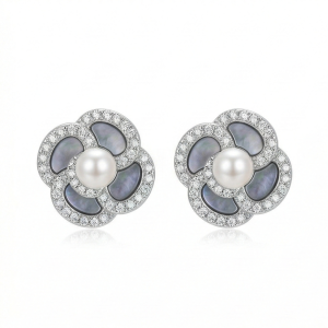 AGOR LUXE 925 Sterling Silver High Polish Pearl Center Floral Stud Earrings Jewellery for Women