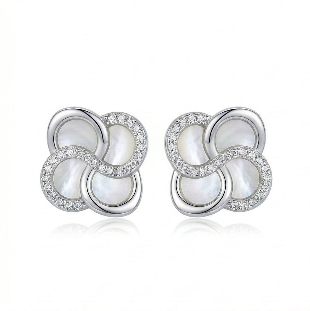 LUXE 925 Sterling Silver Interwoven Floral Stud Earrings Rhodium Finish Fine Jewellery for Women
