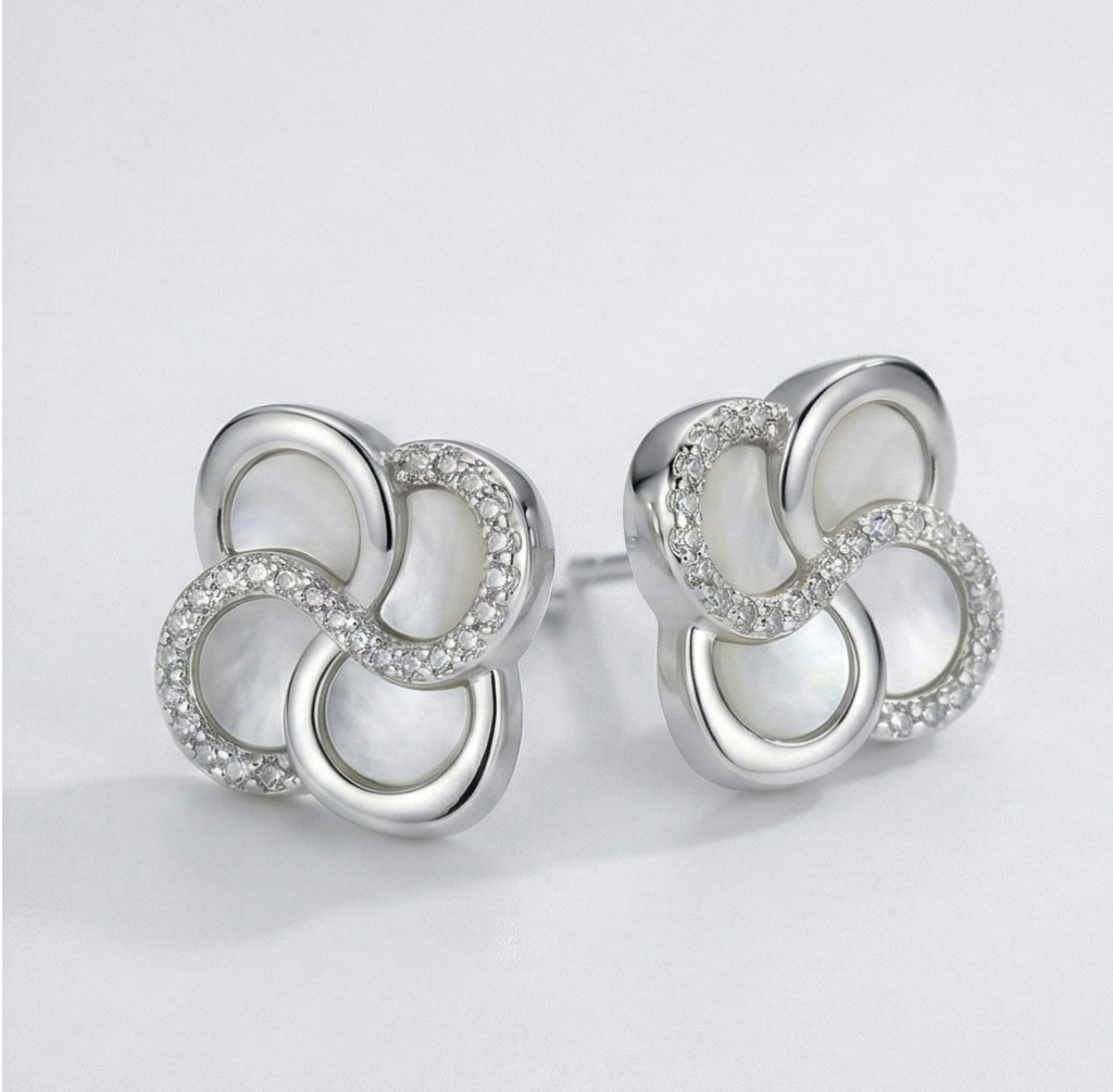 AGOR LUXE 925 Sterling Silver Interwoven Floral Stud Earrings Rhodium Finish Fine Jewellery for Women