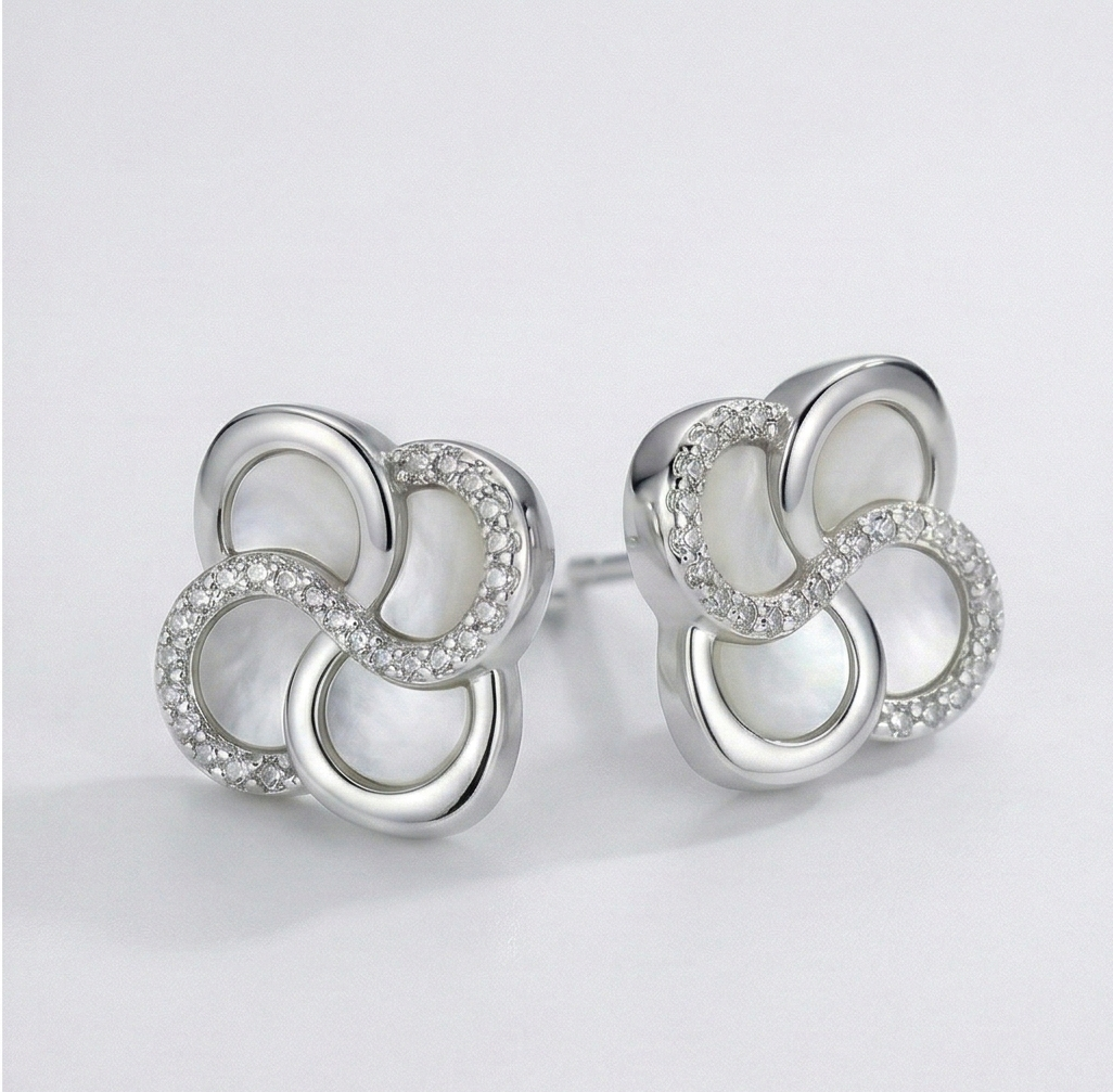 LUXE 925 Sterling Silver Interwoven Floral Stud Earrings Rhodium Finish Fine Jewellery for Women