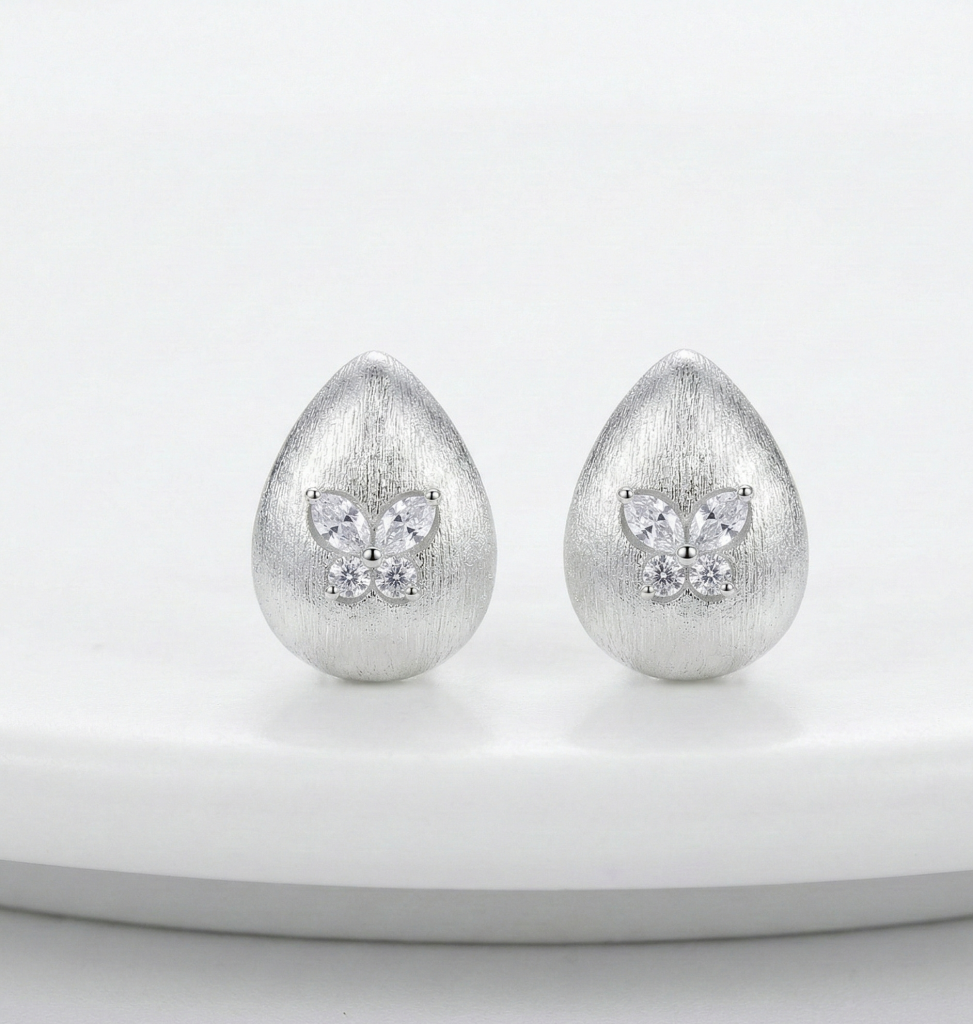 AGOR LUXE 925 Sterling Silver Brushed Teardrop Butterfly Stud Earrings Matte Finish LUXE Jewellery for Women