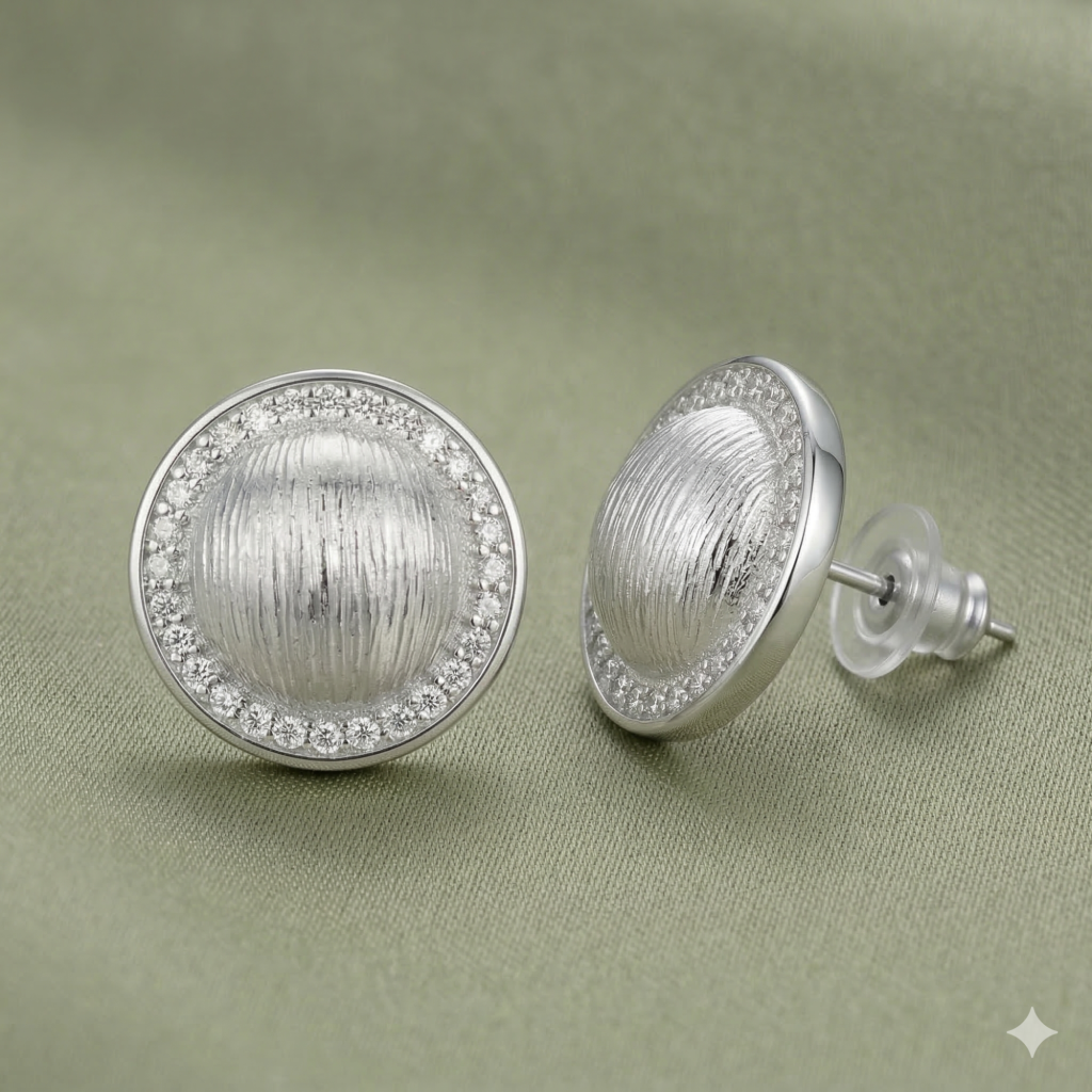 AGOR LUXE 925 Sterling Silver Textured Dome Halo Stud Earrings Rhodium Finish Statement Jewellery for Women