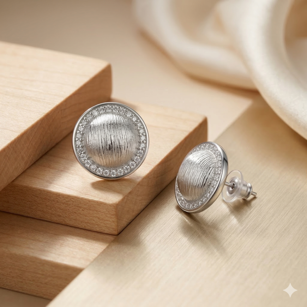 AGOR LUXE 925 Sterling Silver Textured Dome Halo Stud Earrings Rhodium Finish Statement Jewellery for Women