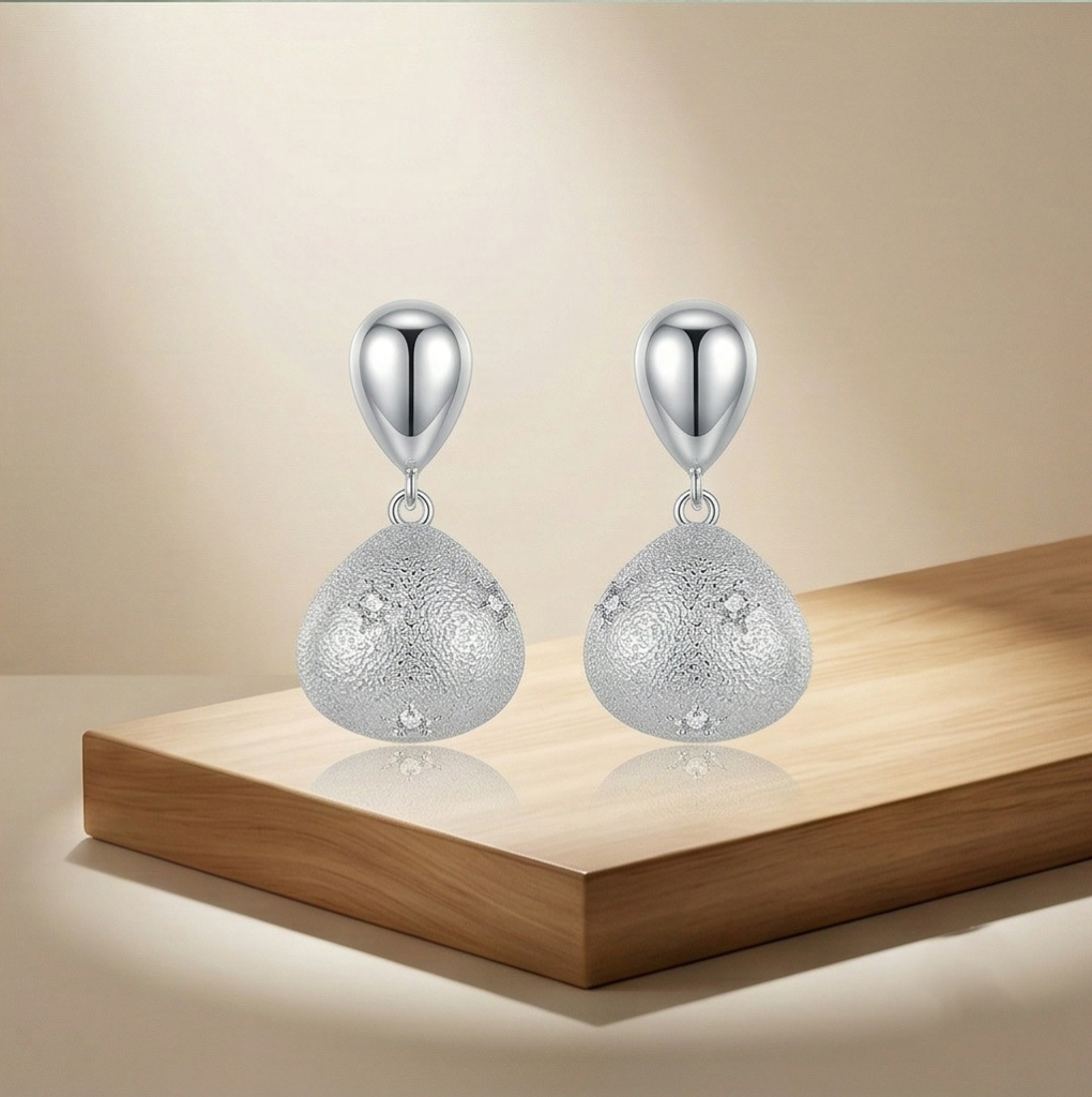 AGOR LUXE 925 Sterling Silver Textured Teardrop Dangle Earrings Rhodium Finish Statement Jewellery for Women