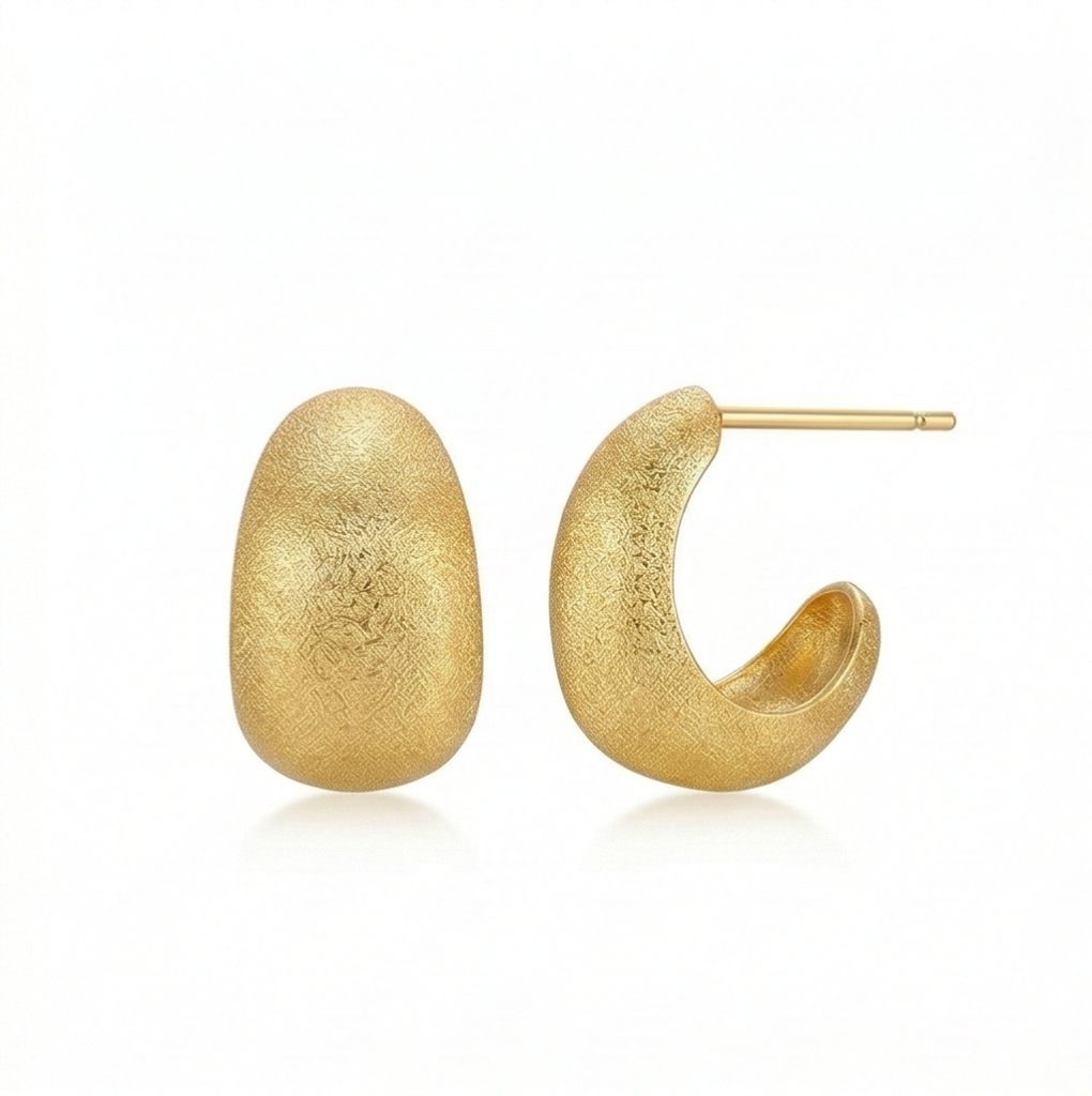 AGOR LUXE 925 Sterling Silver Chunky Half Hoop Stud Earrings Gold Plated Matte Finish Minimalist Jewellery for Women