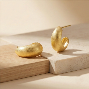 AGOR LUXE 925 Sterling Silver Chunky Half Hoop Stud Earrings Gold Plated Matte Finish Minimalist Jewellery for Women