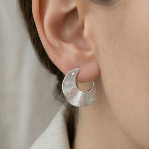 AGOR LUXE 925 Sterling Silver Crescent Moon Half Hoop Earrings Rhodium Finish Celestial Jewellery for Women