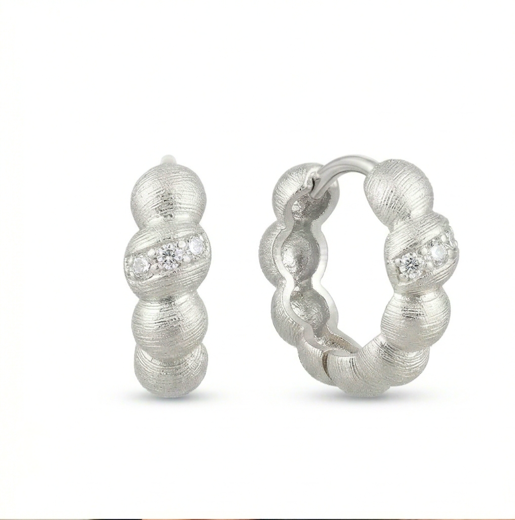 AGOR LUXE 925 Sterling Silver Textured Beaded Huggie Hoop Earrings Jewellery for Women