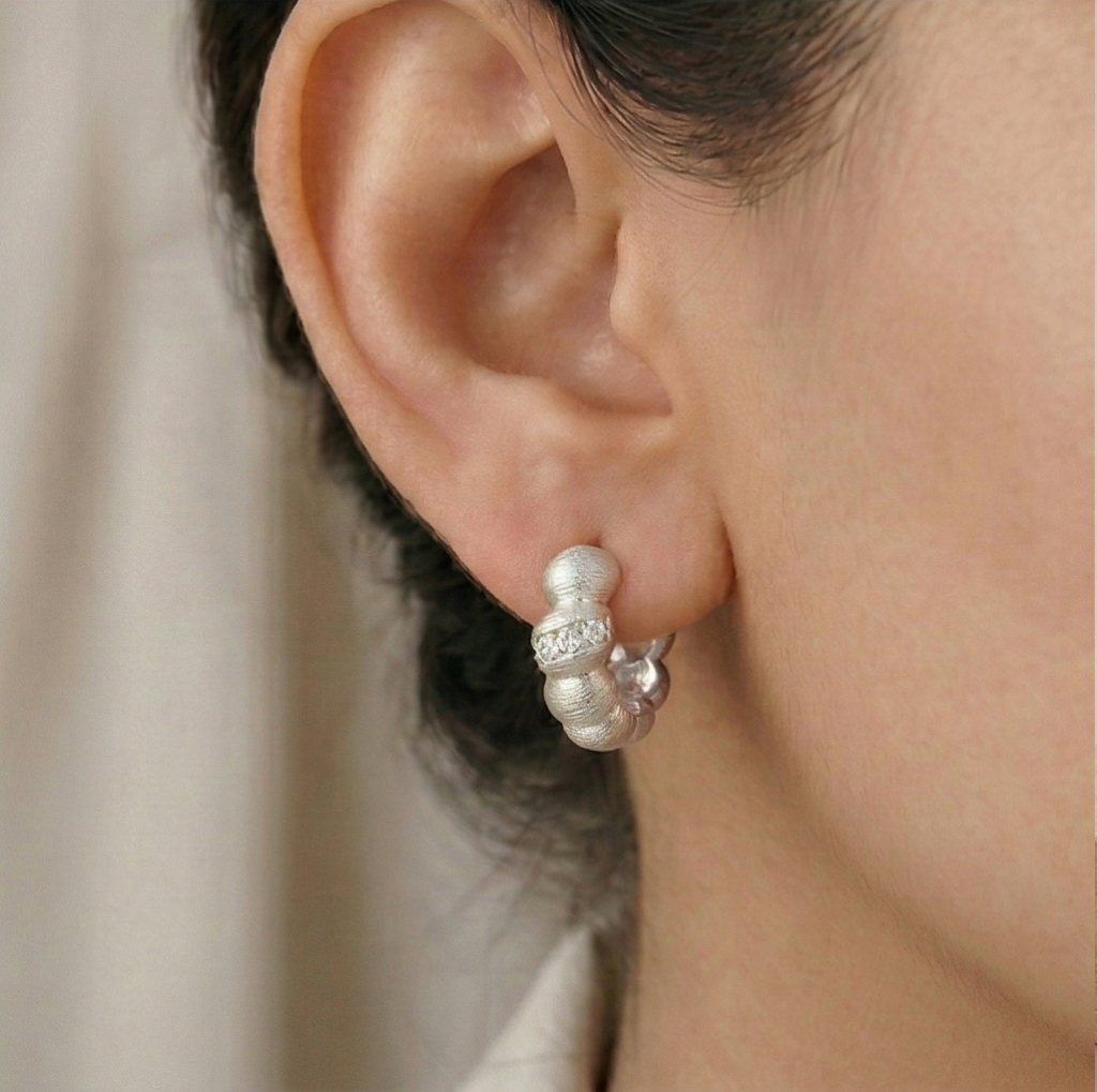 AGOR LUXE 925 Sterling Silver Textured Beaded Huggie Hoop Earrings Jewellery for Women
