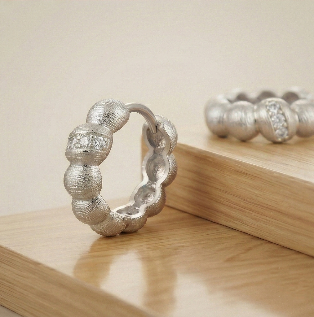 LUXE 925 Sterling Silver Textured Beaded Huggie Hoop Earrings Jewellery for Women
