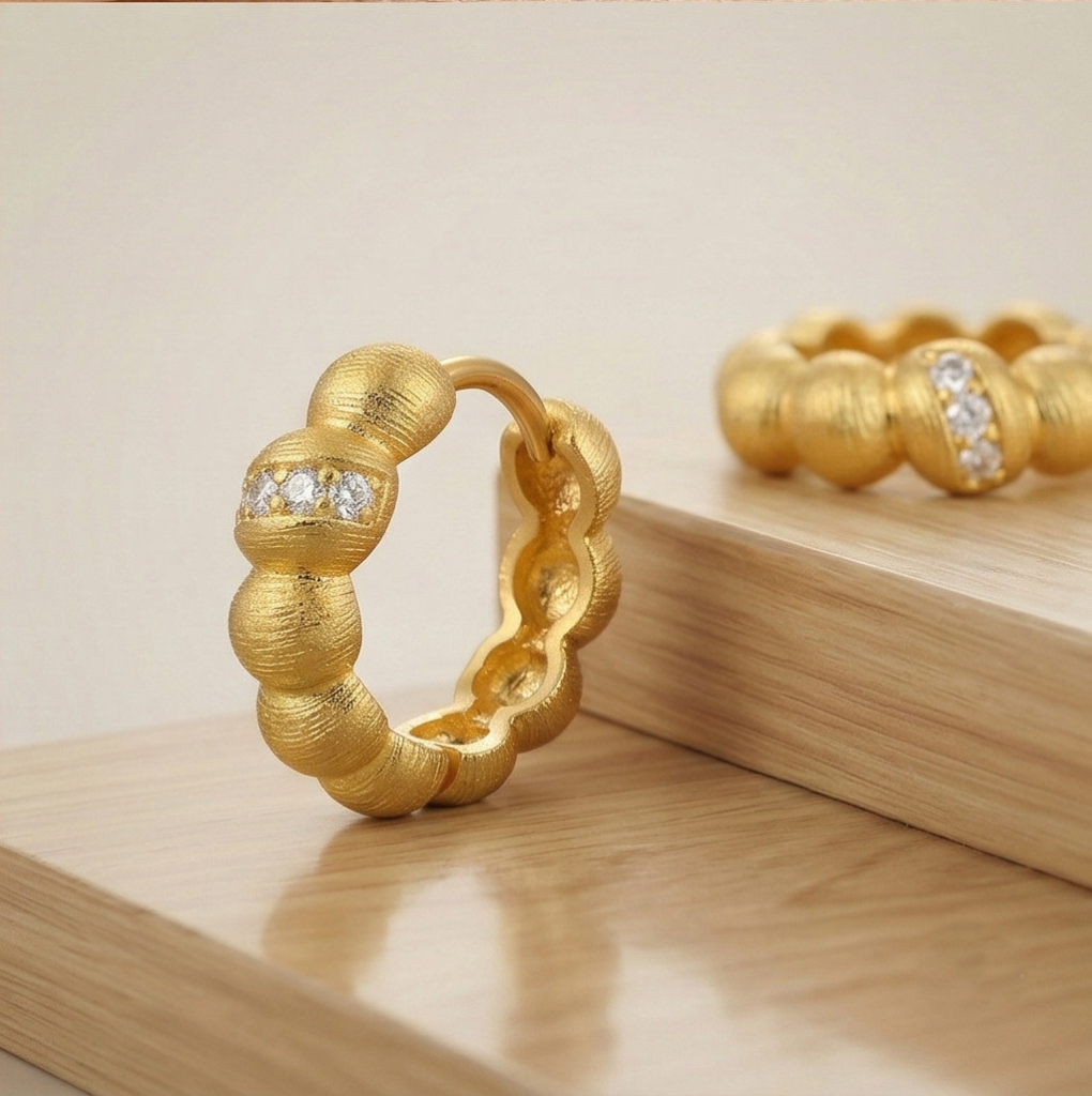 AGOR LUXE 925 Sterling Silver Gold Plated Textured Beaded Huggie Hoop Earrings Jewellery for Women