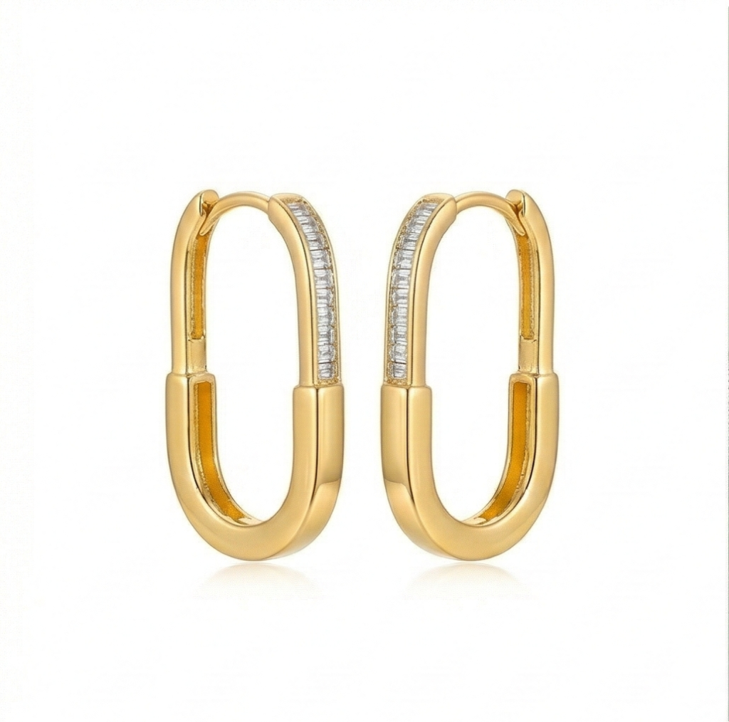 AGOR LUXE 925 Sterling Silver Gold Plated Elongated Oval Hoop Earrings Jewellery for Women
