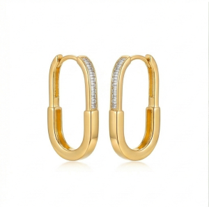 AGOR LUXE 925 Sterling Silver Gold Plated Elongated Oval Hoop Earrings Jewellery for Women