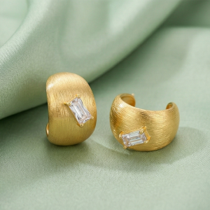 AGOR LUXE 925 Sterling Silver Gold Plated Brushed Wide C-Hoop Stud Earrings Jewellery for Women