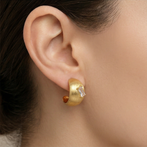 AGOR LUXE 925 Sterling Silver Gold Plated Brushed Wide C-Hoop Stud Earrings Jewellery for Women
