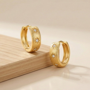 AGOR LUXE 925 Sterling Silver Gold Plated Brushed Starburst Hoop Earrings Jewellery for Women