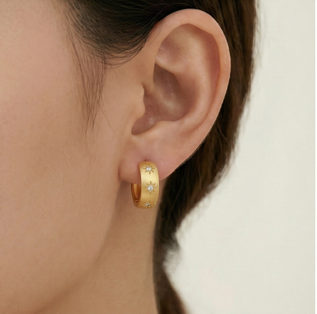 AGOR LUXE 925 Sterling Silver Gold Plated Brushed Starburst Hoop Earrings Jewellery for Women