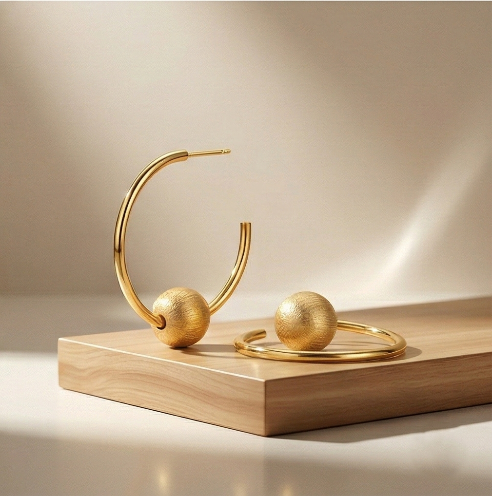 LUXE 925 Sterling Silver Gold Plated Floating Bead C-Hoop Earrings Jewellery for Women