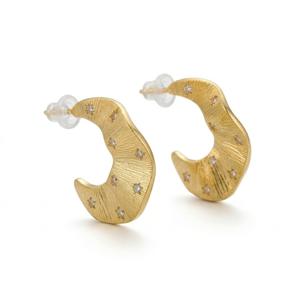 AGOR LUXE 925 Sterling Silver Gold Plated Textured Crescent Moon Earrings Bohemian Jewellery