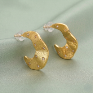 AGOR LUXE 925 Sterling Silver Gold Plated Textured Crescent Moon Earrings Bohemian Jewellery