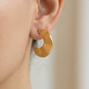 AGOR LUXE 925 Sterling Silver Gold Plated Textured Crescent Moon Earrings Bohemian Jewellery