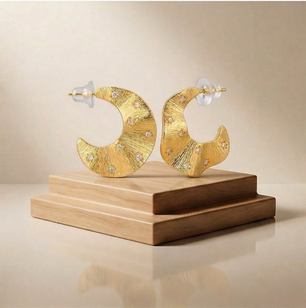 AGOR LUXE 925 Sterling Silver Gold Plated Textured Crescent Moon Earrings Bohemian Jewellery