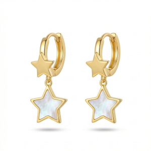AGOR LUXE 925 Sterling Silver Gold Plated Double Star Drop MOP Earrings Celestial Jewellery