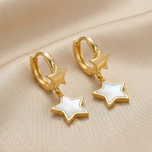 AGOR LUXE 925 Sterling Silver Gold Plated Double Star Drop MOP Earrings Celestial Jewellery