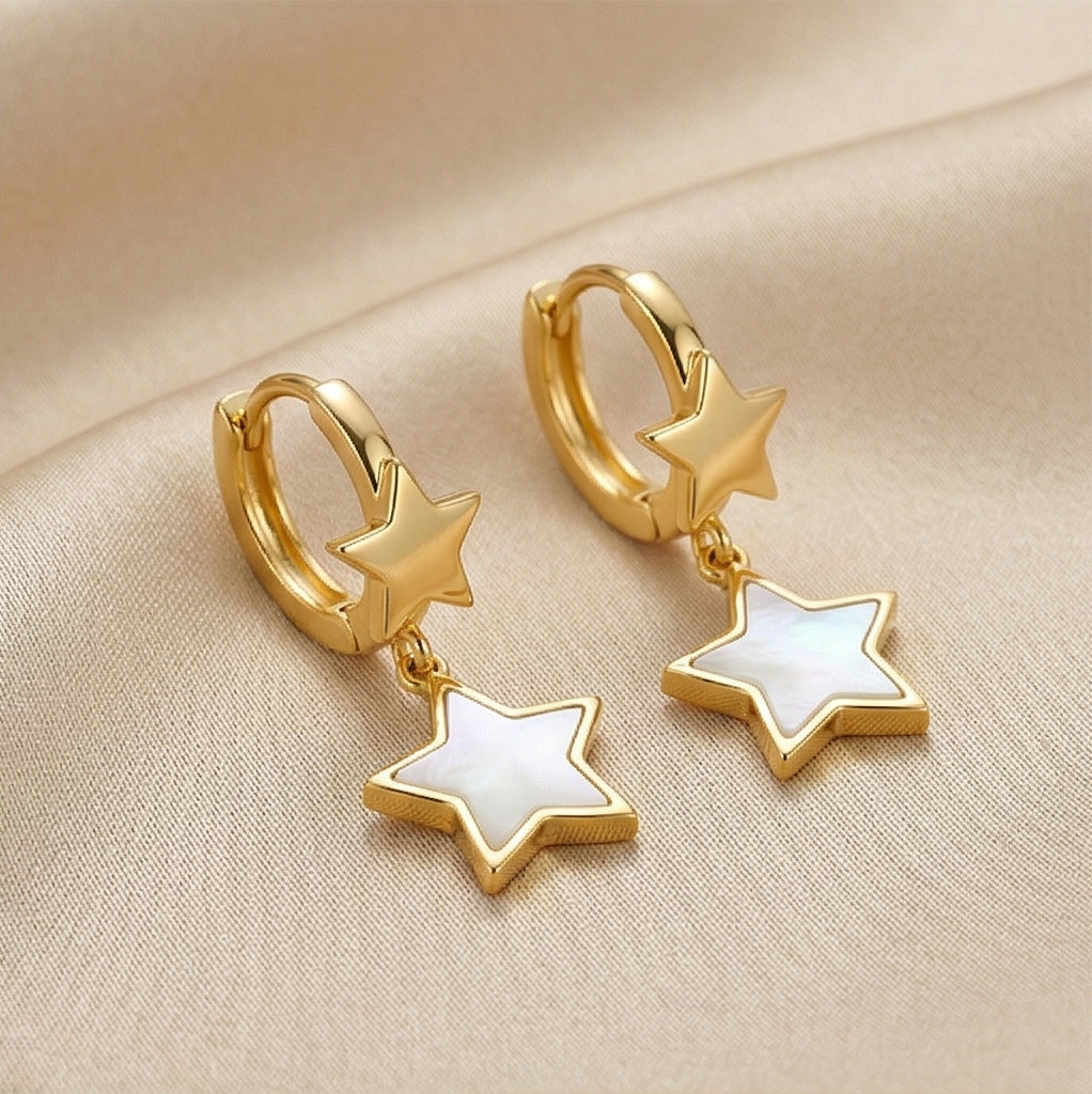 LUXE 925 Sterling Silver Gold Plated Double Star Drop MOP Earrings Celestial Jewellery