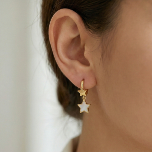 AGOR LUXE 925 Sterling Silver Gold Plated Double Star Drop MOP Earrings Celestial Jewellery