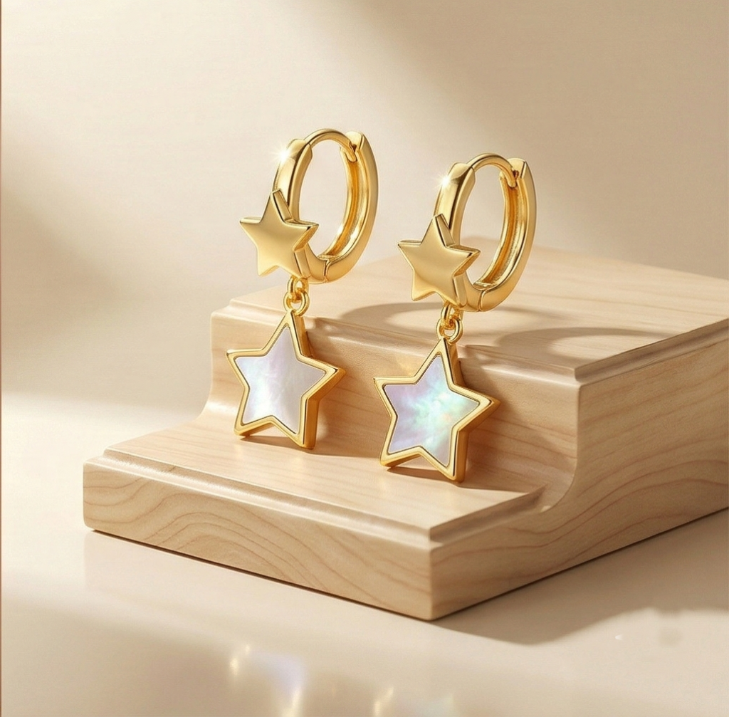 AGOR LUXE 925 Sterling Silver Gold Plated Double Star Drop MOP Earrings Celestial Jewellery