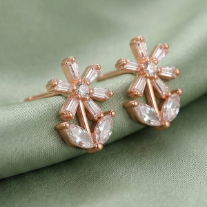 AGOR LUXE 925 Sterling Silver Rose Gold Plated Floral Stud Earrings Elegant Jewellery