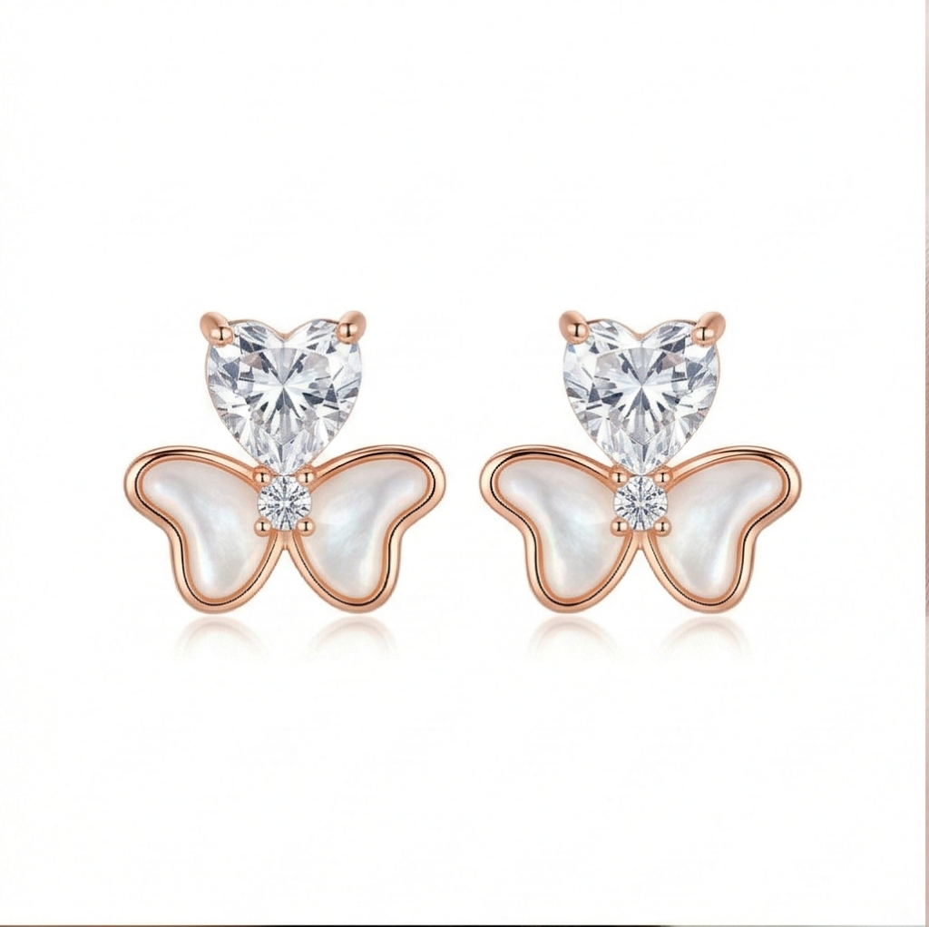 AGOR LUXE 925 Sterling Silver Rose Gold Plated Heart and Butterfly Stud Earrings Romantic Jewellery