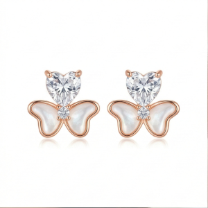 AGOR LUXE 925 Sterling Silver Rose Gold Plated Heart and Butterfly Stud Earrings Romantic Jewellery